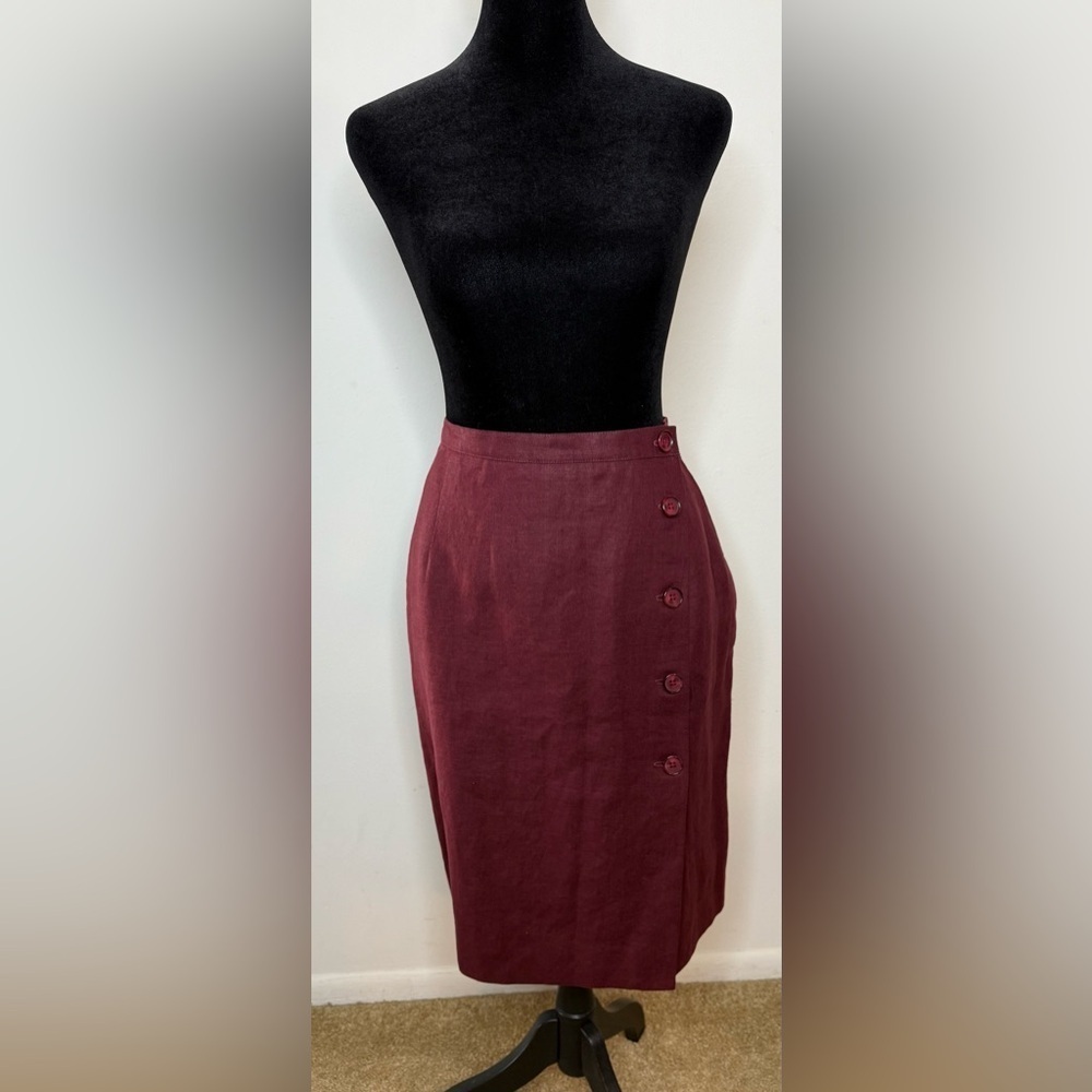 Vintage Jones New York 100% Linen button front burgundy skirt pockets lined 12